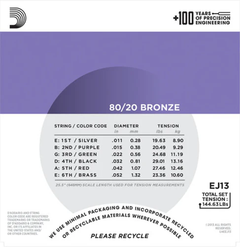 D'Addario 80/20 Bronze, Custom Light, 11-52 Acoustic Guitar Strings - EJ13 - Image 3