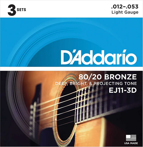 D'Addario 80/20 Bronze, Light, 12-53 Acoustic Guitar Strings - EJ11 3-PACK