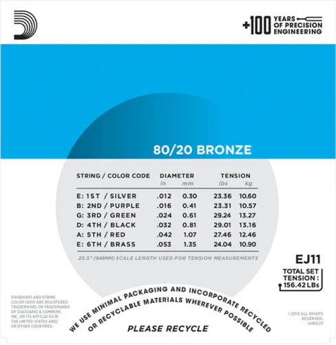 D'Addario 80/20 Bronze, Light, 12-53 Acoustic Guitar Strings - EJ11 3-PACK - Image 3