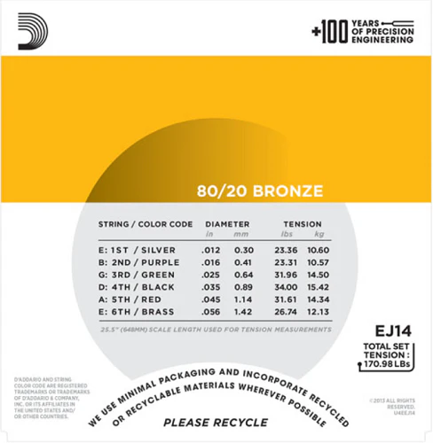 D'Addario 80/20 Bronze, Light Top/Medium Bottom/BLUEGRASS, 12-56 Acoustic Guitar Strings - EJ14 - Image 3