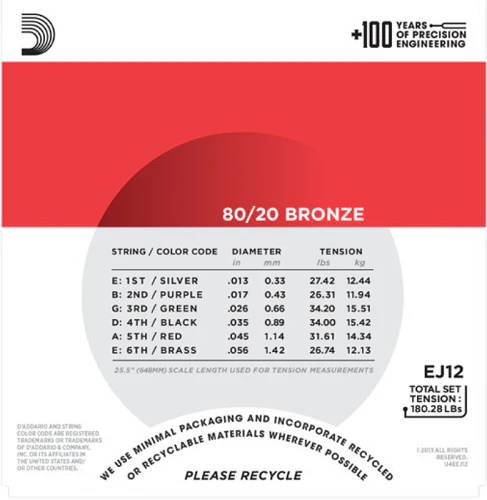 D'Addario 80/20 Bronze, Medium, 13-56 Acoustic Guitar Strings - EJ12 - Image 3