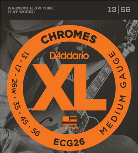 D'Addario Chromes Flat Wound, Medium, 13-56 Electric Guitar Strings - ECG26