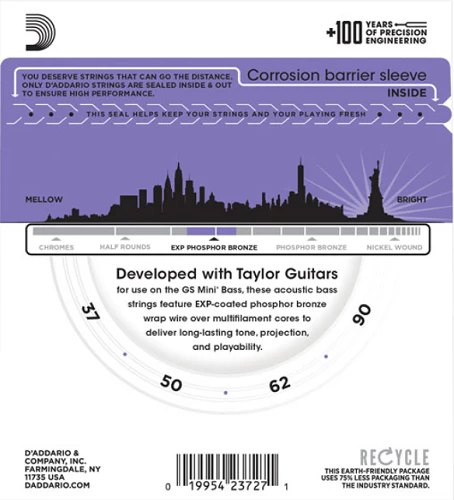 D'Addario Coated Phosphor Bronze, Taylor GS Mini Scale, 37-90 Acoustic Bass Guitar Strings - Image 2