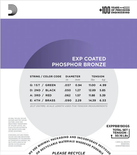 D'Addario Coated Phosphor Bronze, Taylor GS Mini Scale, 37-90 Acoustic Bass Guitar Strings - Image 3
