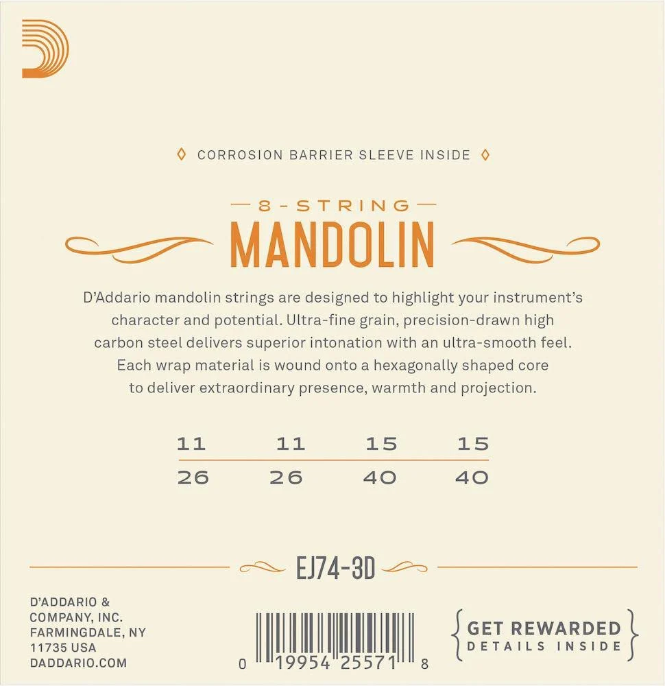 D'Addario EJ74 3 Pack Mandolin Strings, Phosphor Bronze, Medium, 11-40 - Image 2