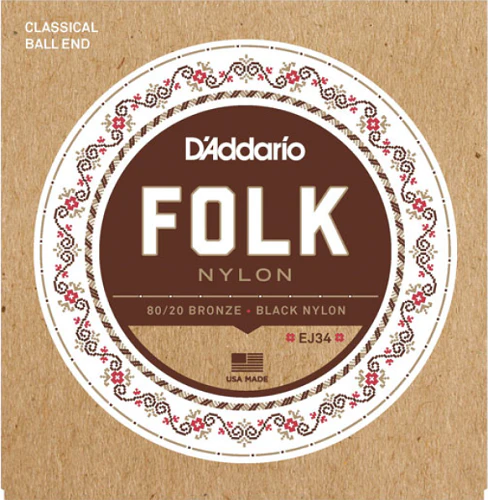 D'Addario Folk Nylon, Ball END, 80/20 Bronze / Black Nylon Trebles Classical Guitar Strings