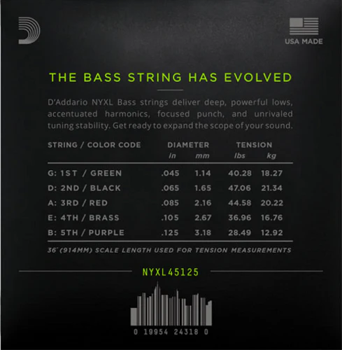 D'Addario Long Scale, Light Top/Medium Bottom, 5-String, 45-125 Bass Guitar Strings - Image 2