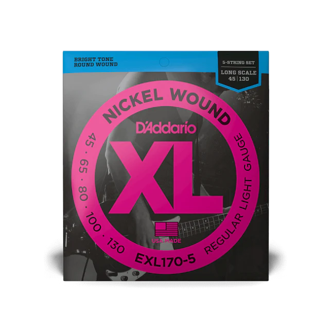 D'Addario XL Nickel 45-130 Regular Light 5-String, Long Scale, Bass Guitar Strings EXL170-5