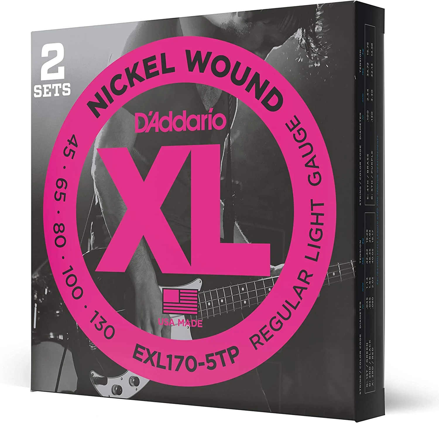 D'Addario Nickel Wound 5-String, Light, Long Scale 45-130 Bass Guitar Strings - EXL170-5TP 2-PACK