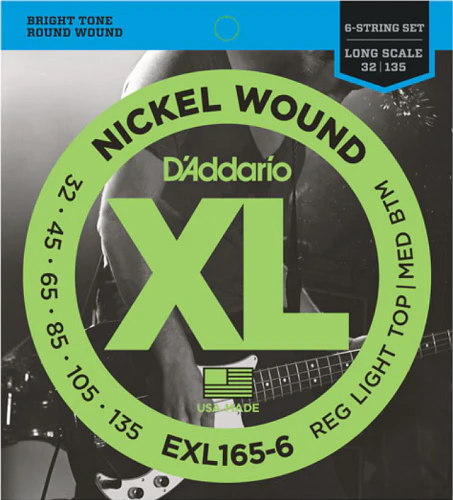 D'Addario Nickel Wound 6-String, Custom Light, Long Scale, 32-135 Bass Guitar Strings EXL165-6