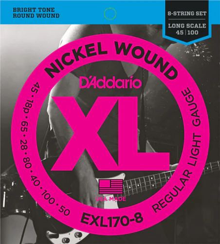 D'Addario Nickel Wound, 8-String, Light, Long Scale, 32-130 Bass Guitar Strings EXL170-8