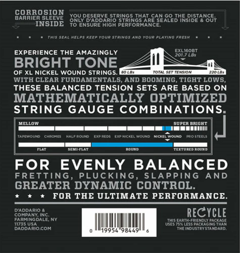 D'Addario Nickel Wound, Balanced Tension Medium, 50-120 Bass Guitar Strings EXL160BT - Image 2