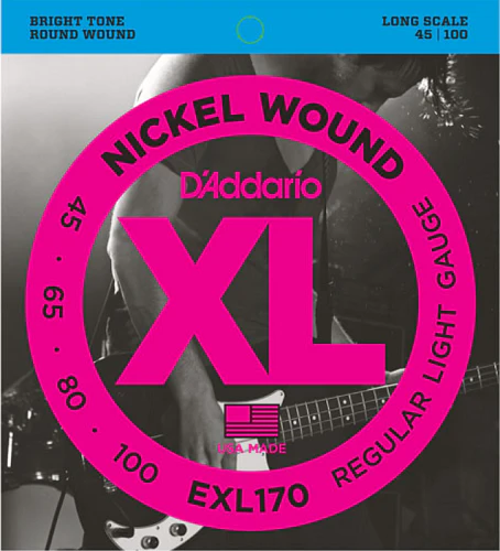 D'Addario Nickel Wound, Light, Long Scale, 45-100 Bass Guitar Strings EXL170