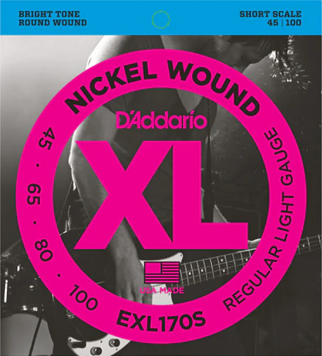 D'Addario Nickel Wound, Light, Short Scale, 45-100 Bass Guitar Strings EXL170S