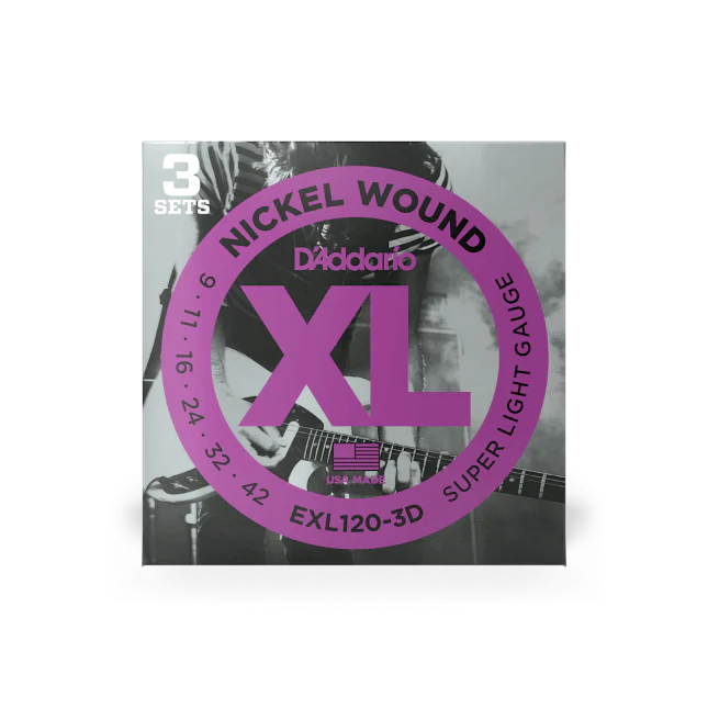 D'Addario Nickel Wound, Super Light, 9-42 Electric Guitar Strings (3 Sets) EXL120-3D