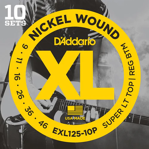 D'Addario Nickel Wound, Super Light Top, Regular Bottom, 9-46 Electric Guitar Strings (10 Sets) EXL125-10P