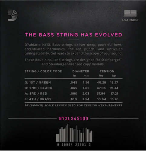 D'Addario NYXL Long Scale, Regular Light, Double Ball END, 45-100 Bass Guitar Strings - Image 2