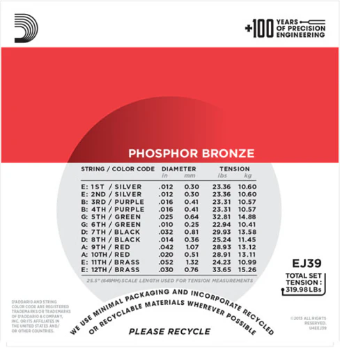 D'Addario Phosphor Bronze, 12-String, Medium, 12-52 Acoustic Guitar Strings EJ39 - Image 3