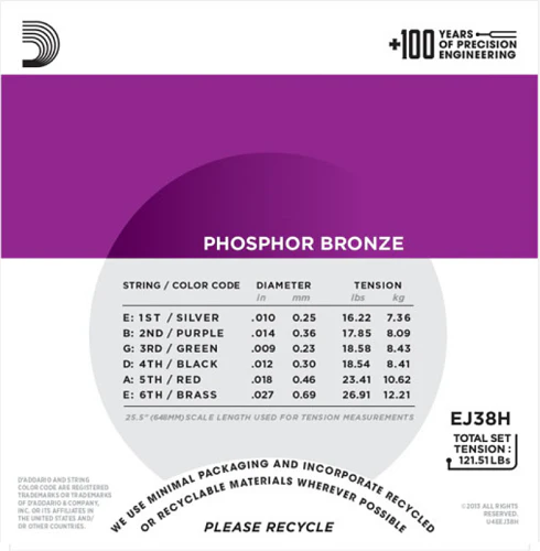 D'Addario Phosphor Bronze, High Strung/Nashville Tuning,10-27 Acoustic Guitar Strings EJ38H - Image 3