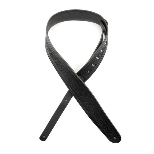 D'Addario Planet Waves Black Embossed Flowers Leather Guitar Strap