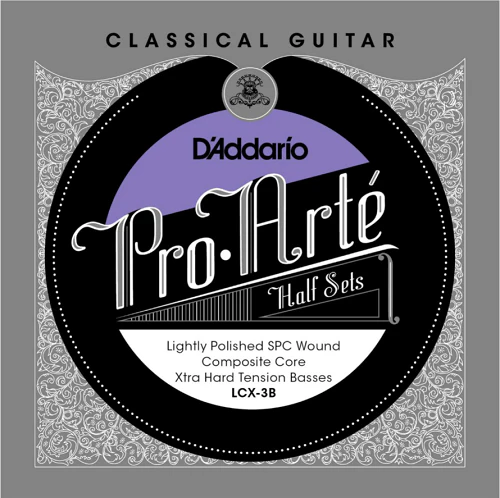 D'Addario Pro-Arte Composite Core, Lightly Polished Silver Plated Copper Bass, Extra Hard Classical Guitar Half Set