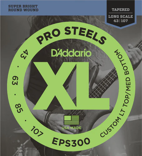 D'Addario PROSTEELS, Custom Light Top/Medium Bottom, Tapered Long Scale, 43-107 Bass Guitar Strings