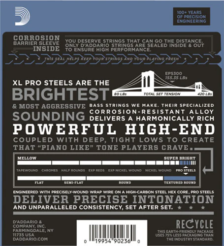 D'Addario PROSTEELS, Custom Light Top/Medium Bottom, Tapered Long Scale, 43-107 Bass Guitar Strings - Image 2